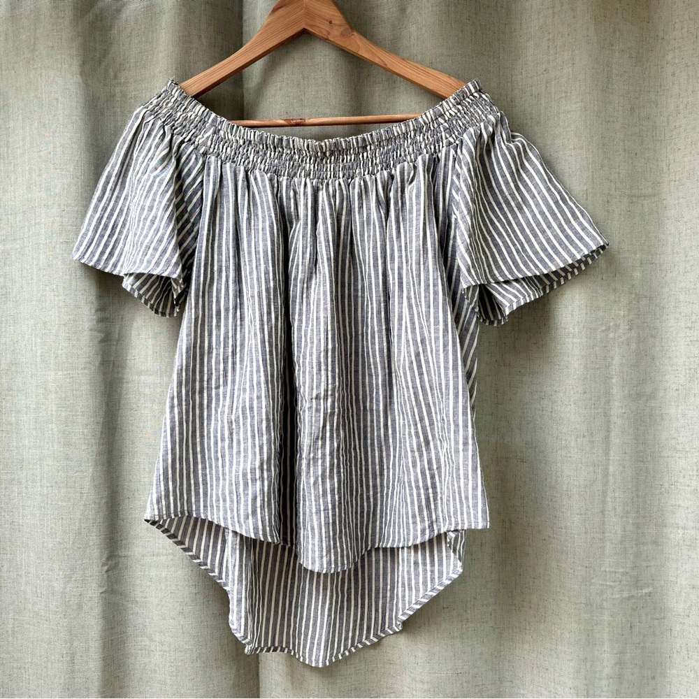 Tylho Anthropologie Off Shoulder Chambray Stripe Top | Cotton Linen | Small